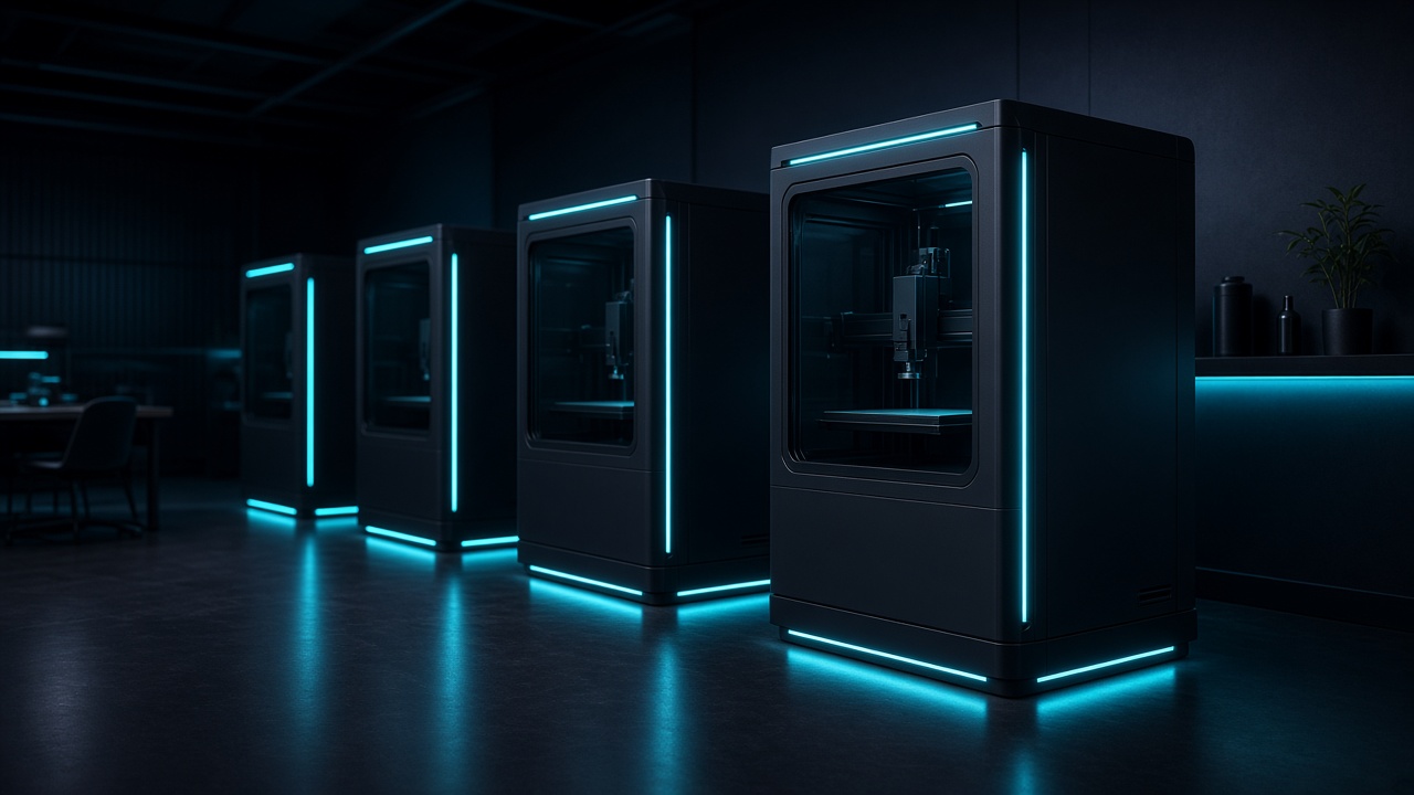 Concept illustration of several enclosed printers in a dark room