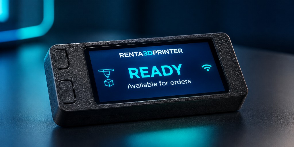 Concept illustration of a small black gateway with a blue status screen