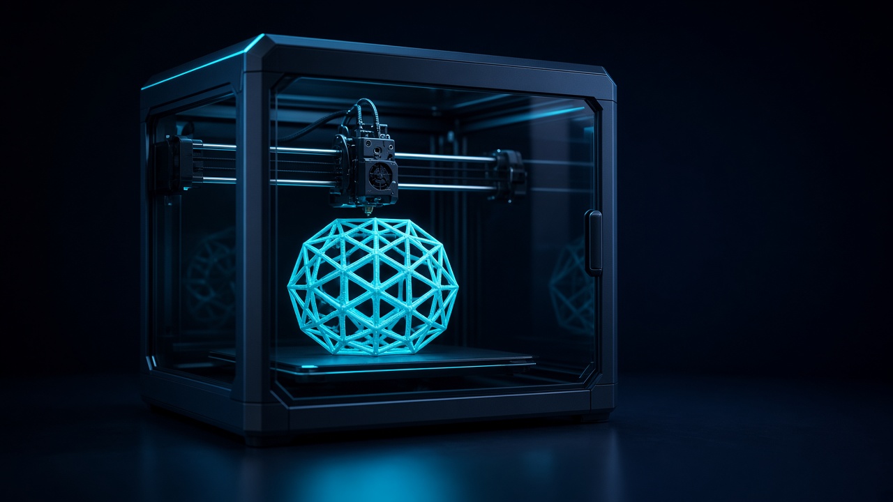 Concept illustration of an enclosed 3D printer building a lattice part